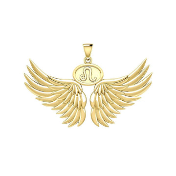 Guardian Angel Wings Solid Gold Pendant with Leo Zodiac Sign GPD5519 - Jewelry